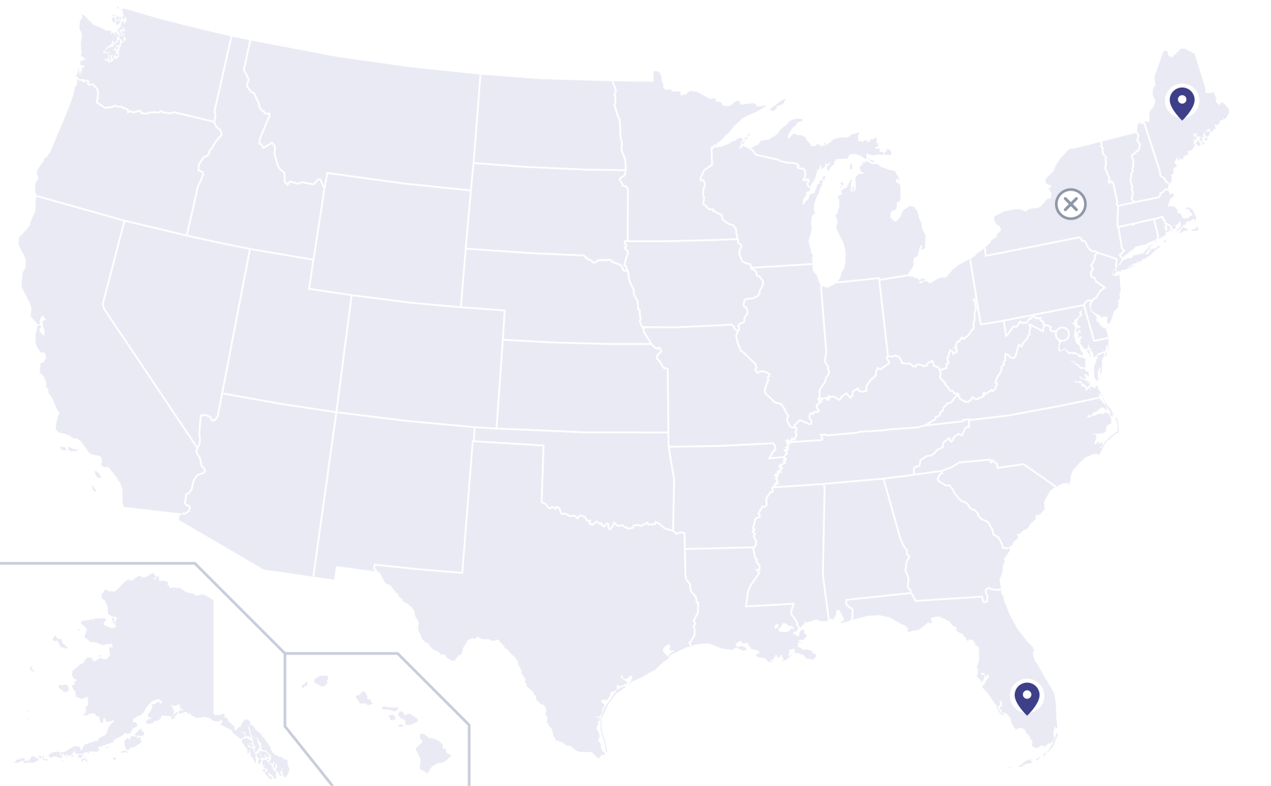 United States map showing Maine and Florida as states where Meredith and Jeff are licensed, other states supported through the Edge Home Finance network, and New York unavailable