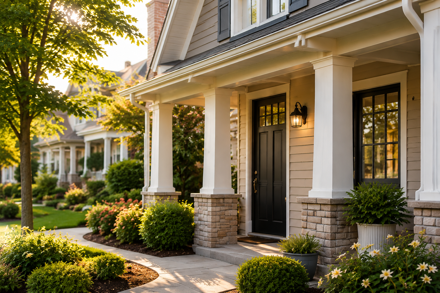 Welcoming suburban home with a covered porch and landscaped walkway